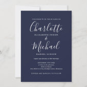 Elegantes Script Navy Blue QR Code Hochzeit Einladung (Vorderseite)