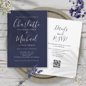Elegantes Script Navy Blue QR Code Hochzeit Einladung