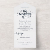 Elegantes Script Navy Blue und White Modern Weddin All In One Einladung (Innen Boden)