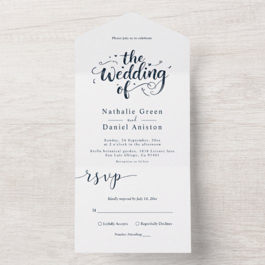 Elegantes Script Navy Blue und White Modern Weddin All In One Einladung (Innen Boden)