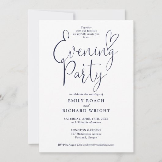 Elegantes Script Navy Blue Wedding Abend Party Einladung (Vorderseite)
