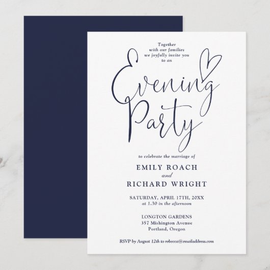 Elegantes Script Navy Blue Wedding Abend Party Einladung (Vorne/Hinten)