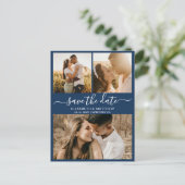 Elegantes Script Navy Foto Budget Save the Date Ankündigungspostkarte (Stehend Vorderseite)