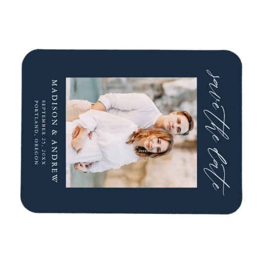 Elegantes Script Navy-Foto Save the Date Magnet (Horizontal)
