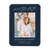 Elegantes Script Navy-Foto Save the Date Magnet (Vertikal)