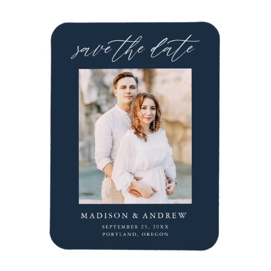 Elegantes Script Navy-Foto Save the Date Magnet (Vertikal)