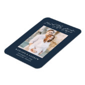 Elegantes Script Navy-Foto Save the Date Magnet (Linke Seite)