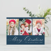 Elegantes Script Navy Frohe Weihnachten 3 Foto (Stehend Vorderseite)