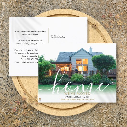 Elegantes Script Neues Zuhause-Foto, das wir versc Ankündigungspostkarte
