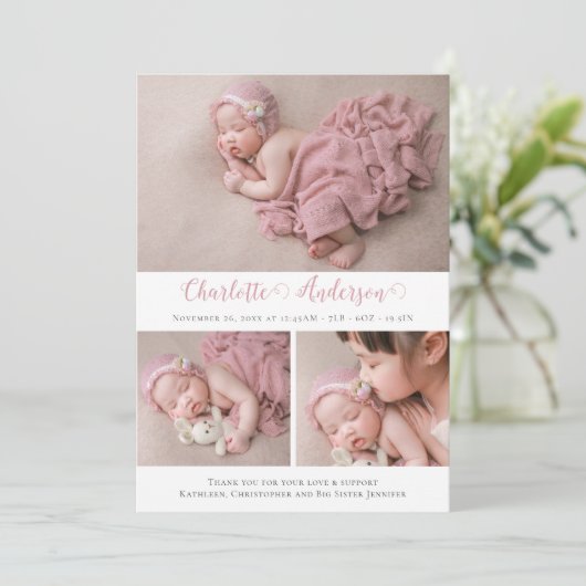 Elegantes Script Neugeborene 3 Foto Collage Birth Ankündigung (Stehend Vorderseite)
