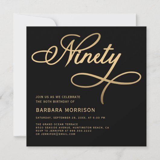 Elegantes Script neunziges Black Gold 90. Geburtst Einladung (Vorderseite)