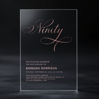 Elegantes Script Neunziges Rose Gold 90. Geburtsta Acryleinladungen