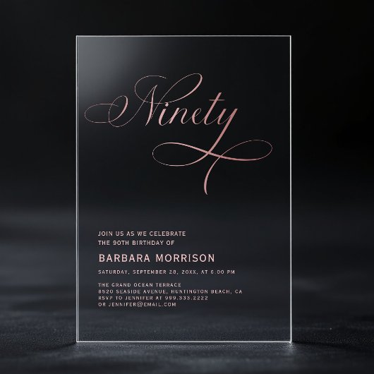 Elegantes Script Neunziges Rose Gold 90. Geburtsta Acryleinladungen