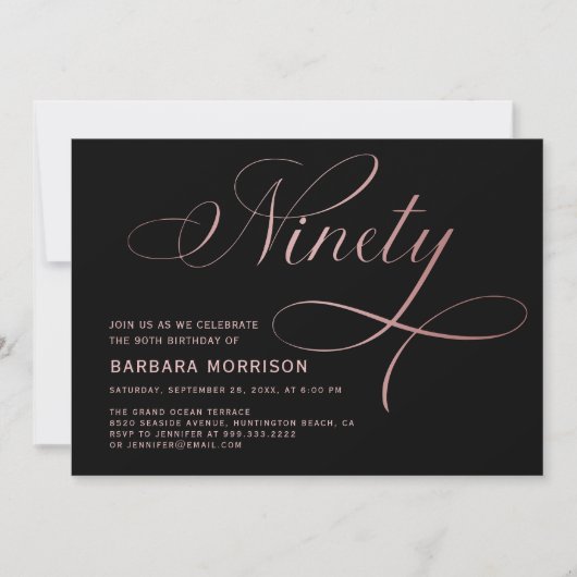 Elegantes Script Neunziges Rose Gold 90. Geburtsta Einladung (Vorderseite)