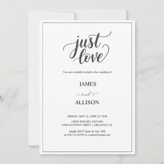 Elegantes Script nur Liebe Hochzeit Einladung (Vorderseite)