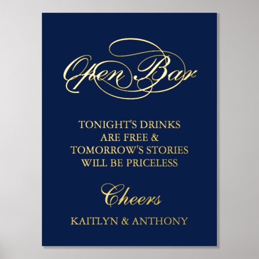 Elegantes Script "Open Bar" Real Foil Wedding Sign Foliendrucke (Vorderseite)