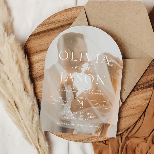 Elegantes Script Overlay Arch Foto Hochzeit Einladung