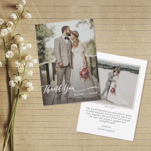 Elegantes Script Overlay Simple Two Foto Wedding Dankeskarte