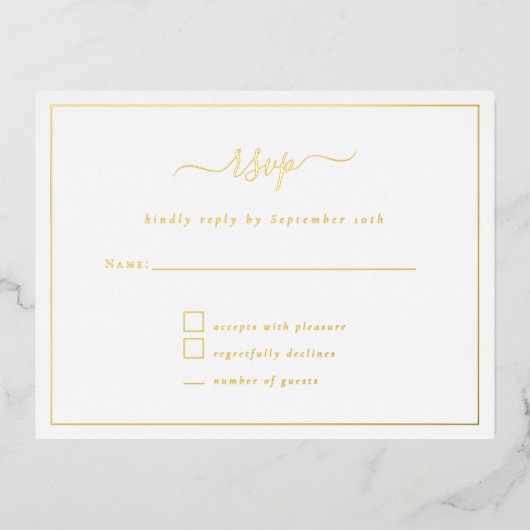 Elegantes Script Party RSVP Karte Luxury Foil (Vorderseite)