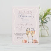 Elegantes Script Pearls & Prosecco Brautparty Einladung (Stehend Vorderseite)