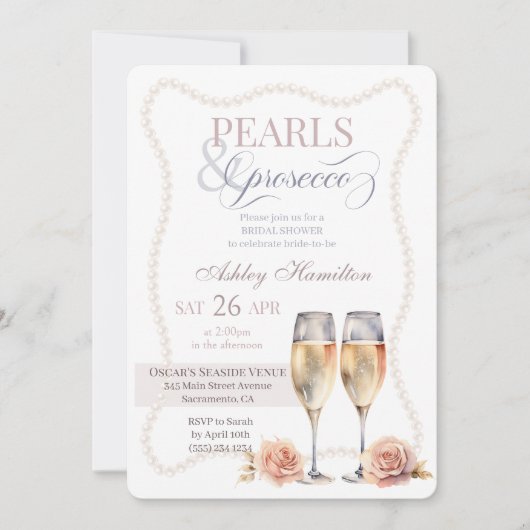 Elegantes Script Pearls & Prosecco Brautparty Einladung (Vorderseite)