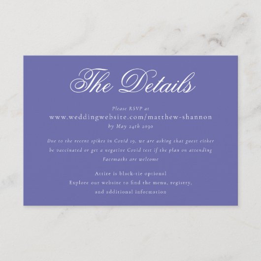 Elegantes Script Periwinkle Blue Wedding Details Begleitkarte (Vorderseite)