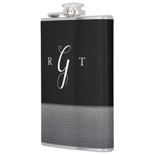 Elegantes Script Personalisiert Monogram Gray Leat Flachmann (Links)