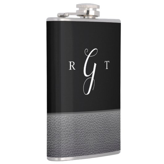 Elegantes Script Personalisiert Monogram Gray Leat Flachmann (Rechts)