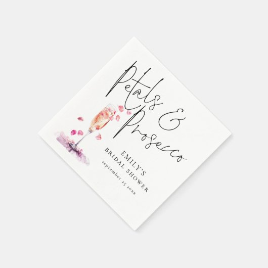 Elegantes Script-Petals und Prosecco-Brautparty Serviette (Ecke)