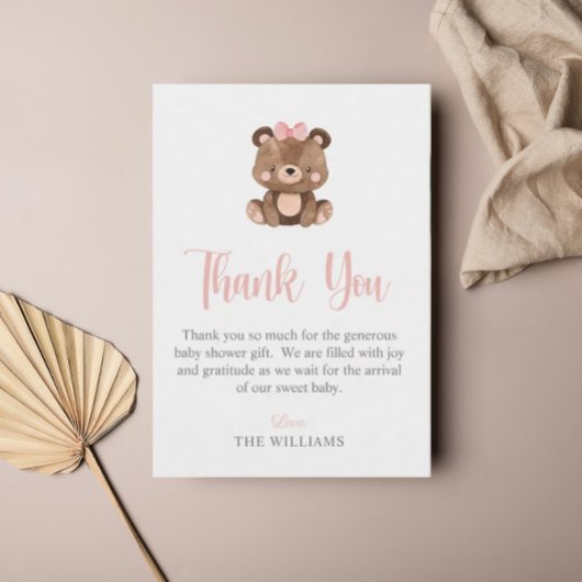 Elegantes Script Pink Bear Baby Shower Dankeskarte