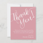 Elegantes Script Pink Girl Baby Shower Foto Dankeskarte (Vorderseite)