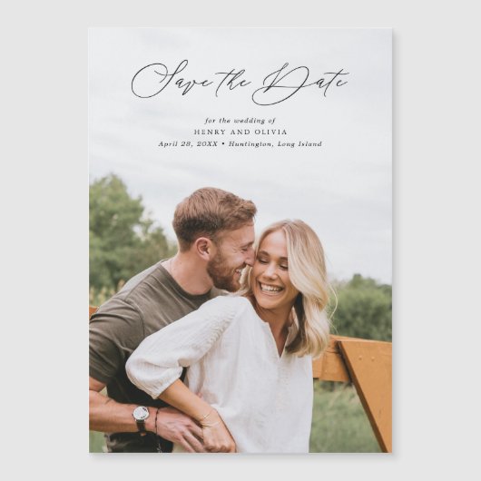 Elegantes Script-Portrait-Foto Speichern des Datum Magneteinladung (Vorderseite)