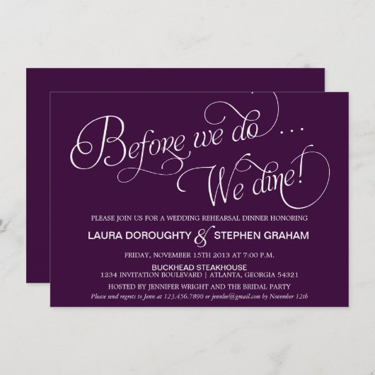 Elegantes Script Probe Dinner Einladung Lila (Vorne/Hinten)