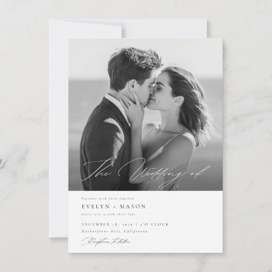 Elegantes Script QR Code Foto Hochzeit Einladung (Vorderseite)