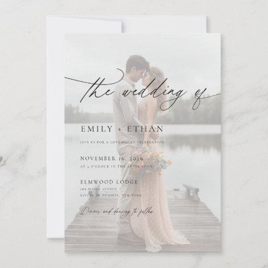 Elegantes Script QR Code Foto Hochzeit Einladung (Vorderseite)