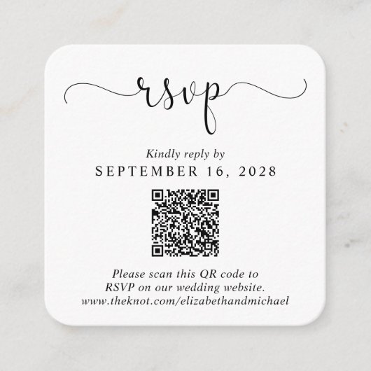 Elegantes Script QR Code Hochzeit RSVP Begleitkarte (Vorderseite)