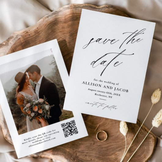 Elegantes Script QR-Code Hochzeitsstift Foto Save The Date