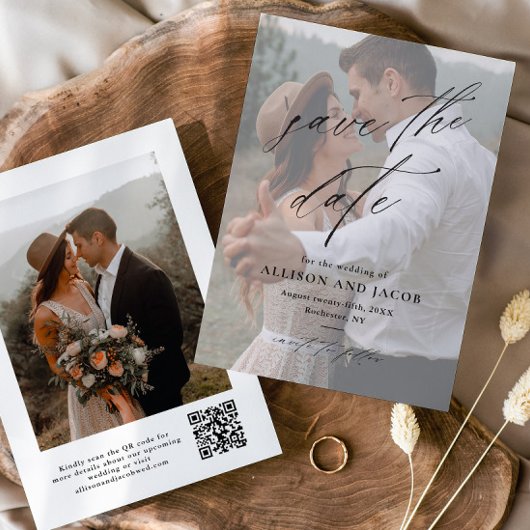 Elegantes Script QR-Code Hochzeitsstift Foto Save The Date