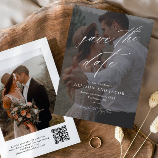 Elegantes Script QR-Code Hochzeitsstift Foto Save The Date