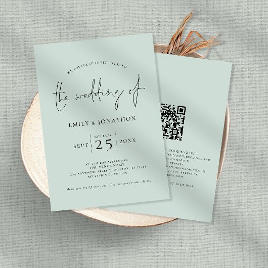 Elegantes Script QR Code Mint Green Wedding Einladung