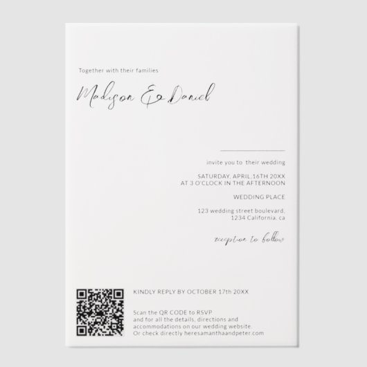 Elegantes Script QR Code Moderne schicke Hochzeit Pergament Einladungen (Vorderseite)