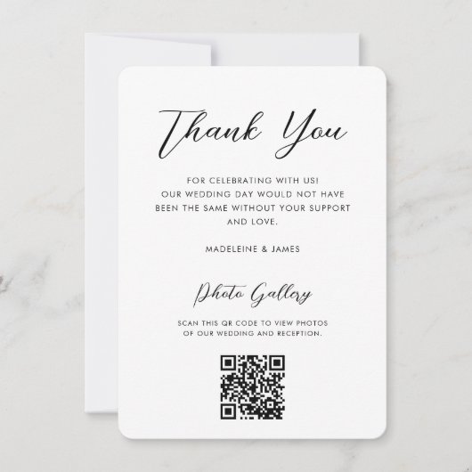 Elegantes Script QR Code Online Gallery Wedding Dankeskarte (Vorderseite)