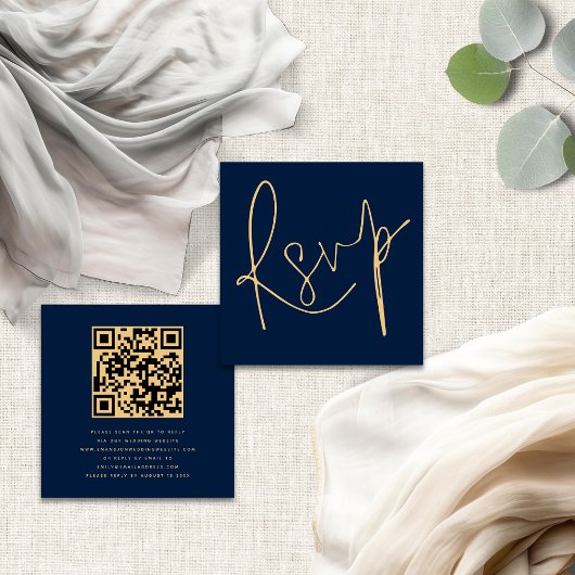 Elegantes Script QR Navy Gold Wedding RSVP Begleitkarte