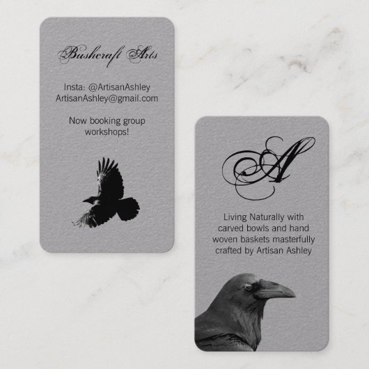 Elegantes Script Raven Crow Bird Artist Monogram Visitenkarte (Vorne/Hinten)