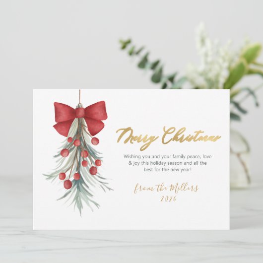 Elegantes Script Red Berries Grün Weihnachten (Stehend Vorderseite)