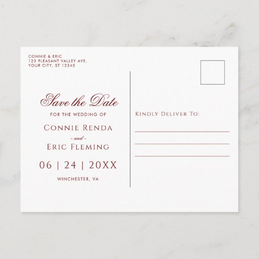 Elegantes Script Red Gold Floral Save the Date Ankündigungspostkarte (Rückseite)