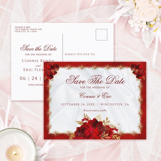 Elegantes Script Red Gold Floral Save the Date Ankündigungspostkarte