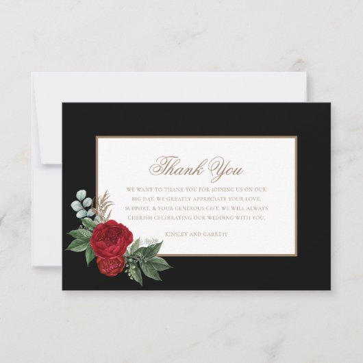 Elegantes Script Red Peonies Black & Gold Dankeskarte (Vorderseite)