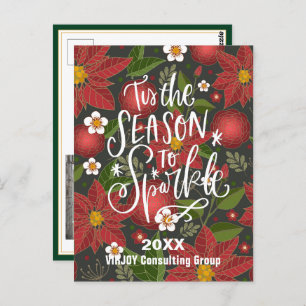 Elegantes Script Red Poinsettia Green Foto Busines Postkarte