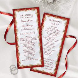 Elegantes Script Red White Gold Filigree Wedding Programm